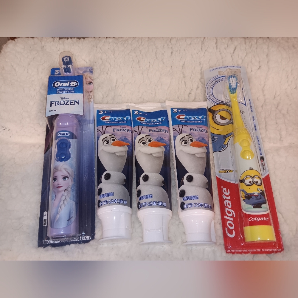 Kids Oral Care Bundle Frozen & Minions Electric Toothbrush + 3 Crest Toothpaste